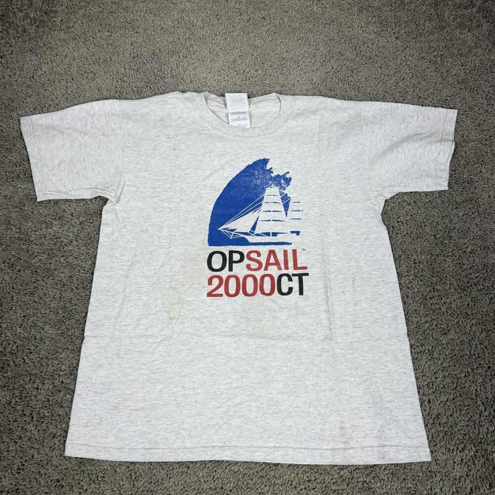 Vintage USTA OPSAIL 2000CT Shirt Mens Medium Gray Tall Ship Sailing Graphic Tee